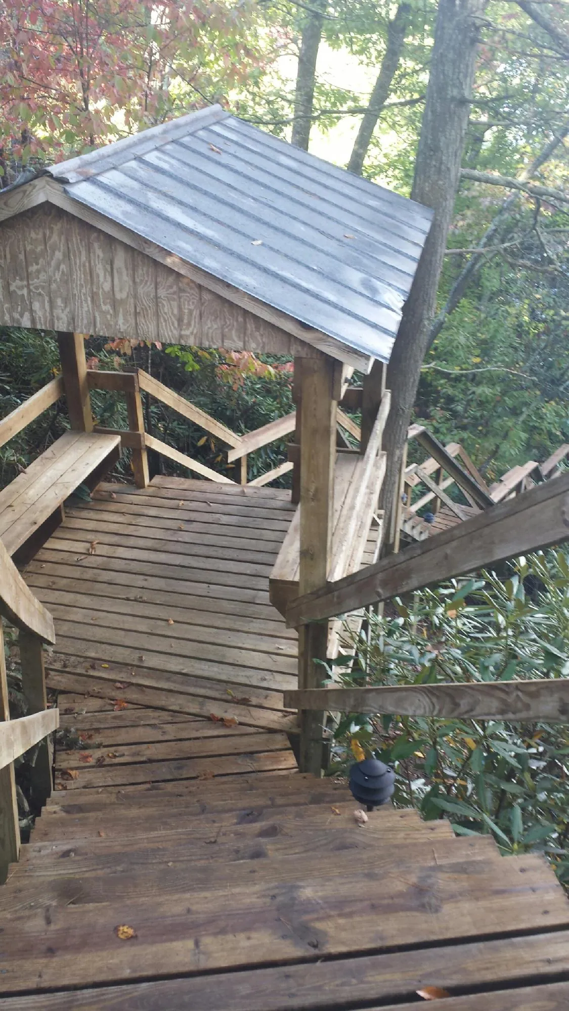 Metal roofed shelter over wooden steps on a wooded walkway — Skylight Repair & Installation work by our crew in Bird Island